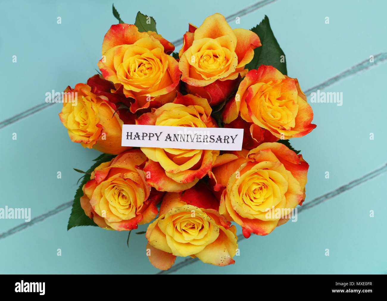 Happy Anniversary card with colorful rose bouquet Stock Photo Alamy