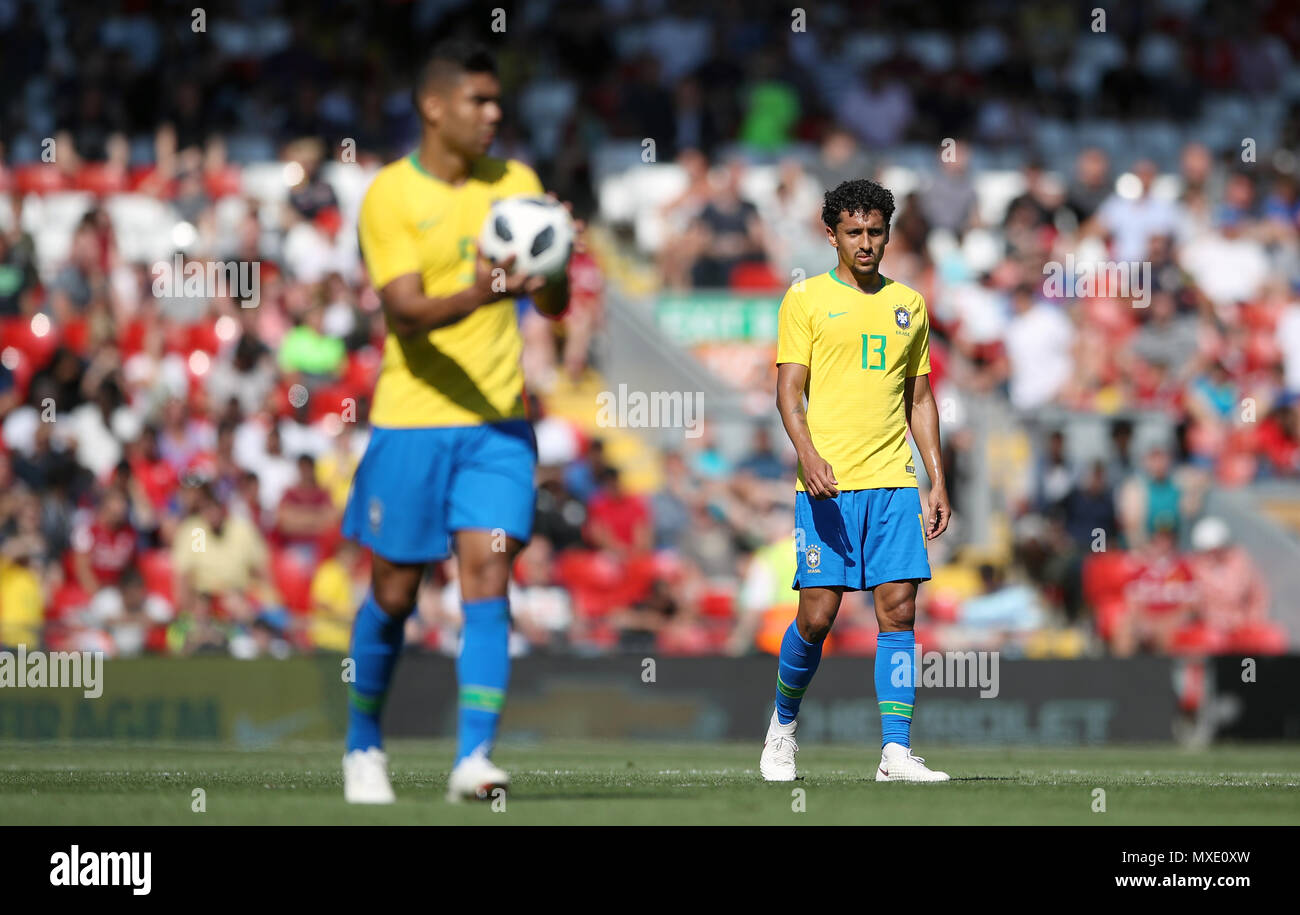 Brazil's Marquinhos (right) during the International Friendly match at Anfield, Liverpool. PRESS ASSOCIATION Photo. Picture date: Sunday June 3, 2018. See PA story SOCCER Brazil. Photo credit should read: Nick Potts/PA Wire. . Stock Photo