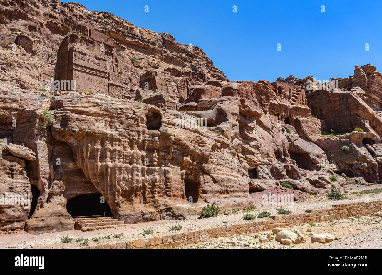 Antique tombs in the Lost City of Petra, Jordan Stock Photo