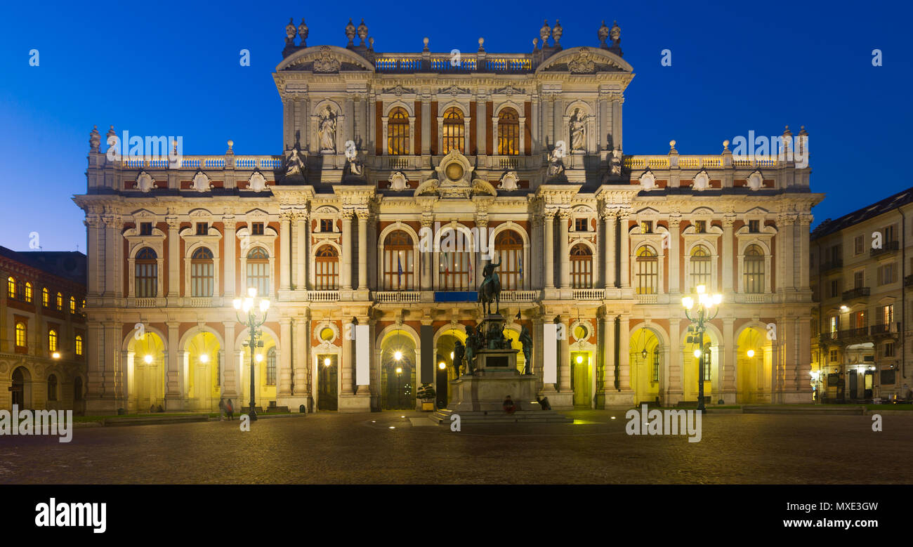Night view of rear facade of Palazzo Carignano in Piazza Carlo Alberto in Turin, Italy Stock Photo