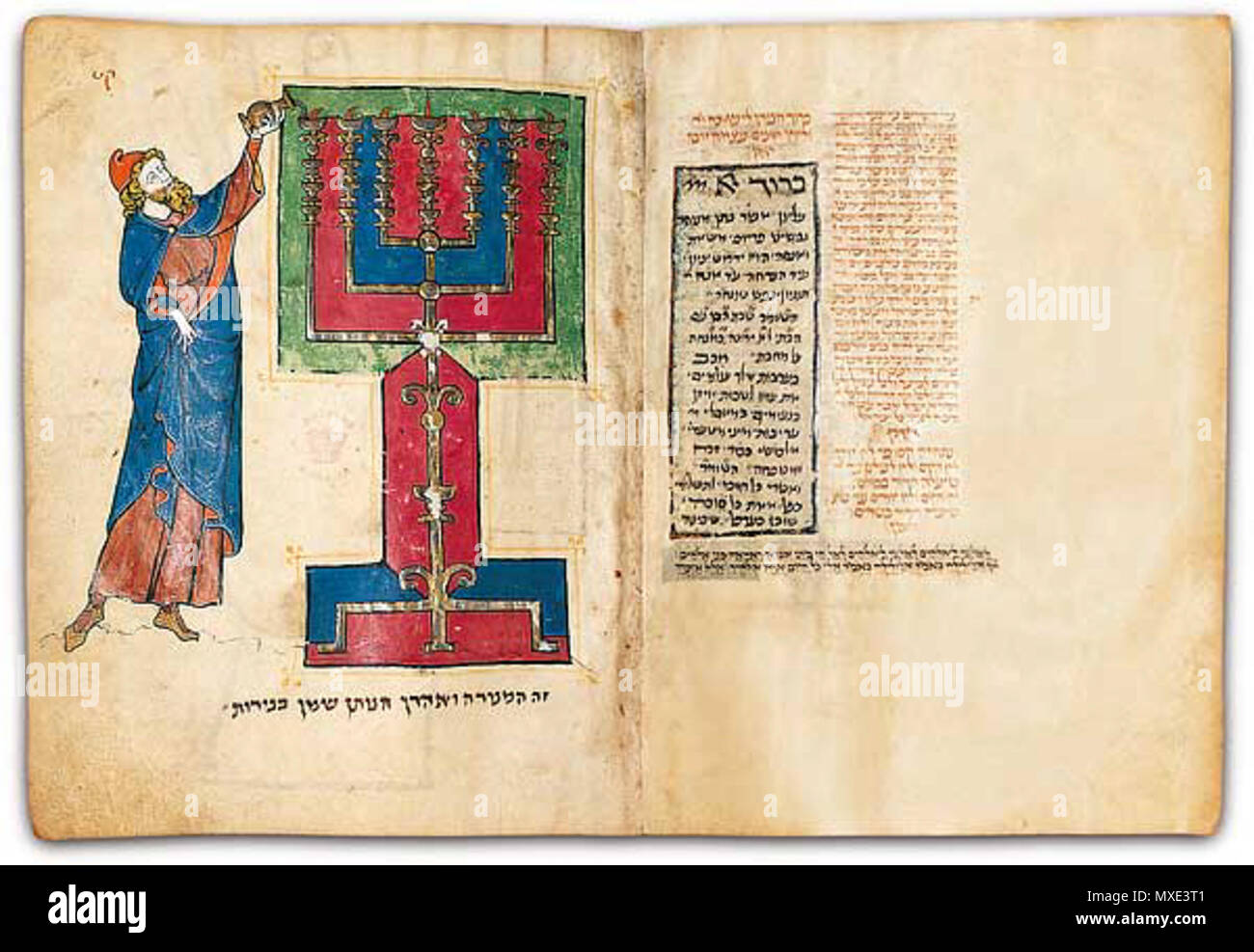 . English: Folios 113b-114a of the North French Hebrew Miscellany manuscript - Aaron as High Priest. Aaron pours oil into the lighted lamps of the Tabernacle menorah, the seven-branched candelabrum. circa 1278-98. Binyamin 449 North French Hebrew Miscellany folio 5B.l Stock Photo