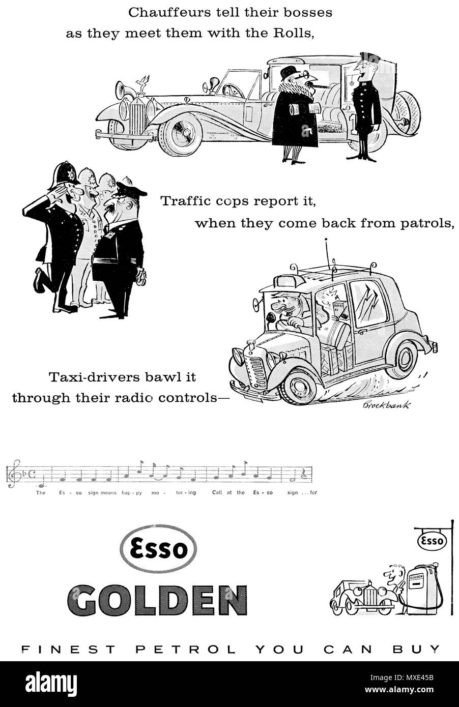 1962 British advertisement for Esso Gold petrol, illustrated with cartoons by Brockbank. Stock Photo