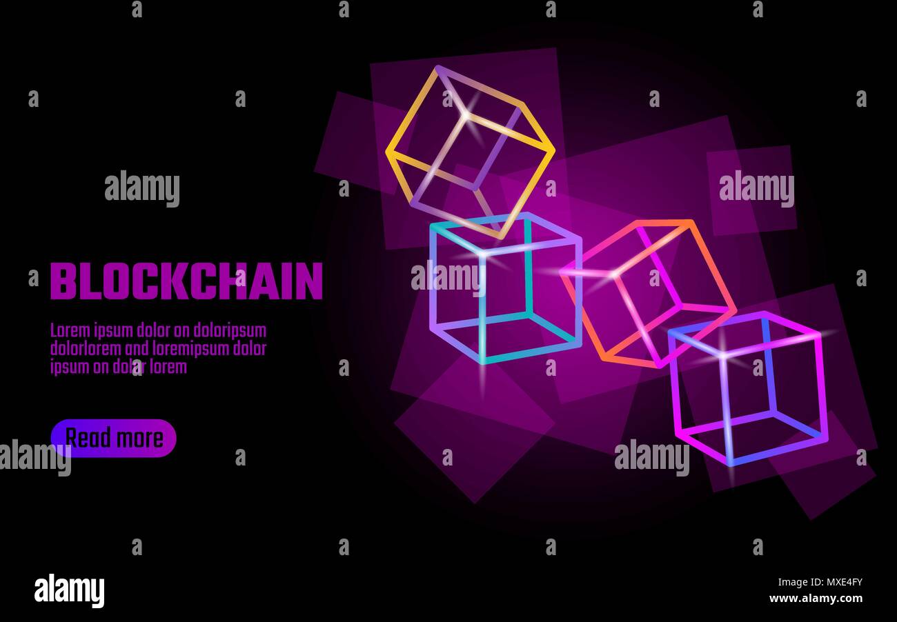 Blockchain cube chain symbol on square code big data flow information. Pink neon glowing modern trend. Cryptocurrency finance bitcoin business concept vector illustration background template Stock Vector
