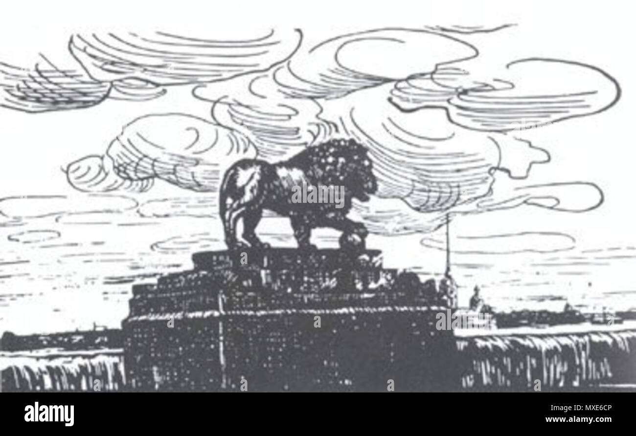 . English Lion with a ball in the illustration Benoit to Pushkin's