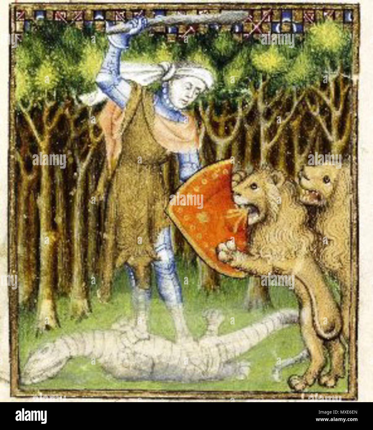 . Hercules fights two lions . 15th century. Anonymous 460 Othea's Epistle (Queen's Manuscript) 03 Stock Photo