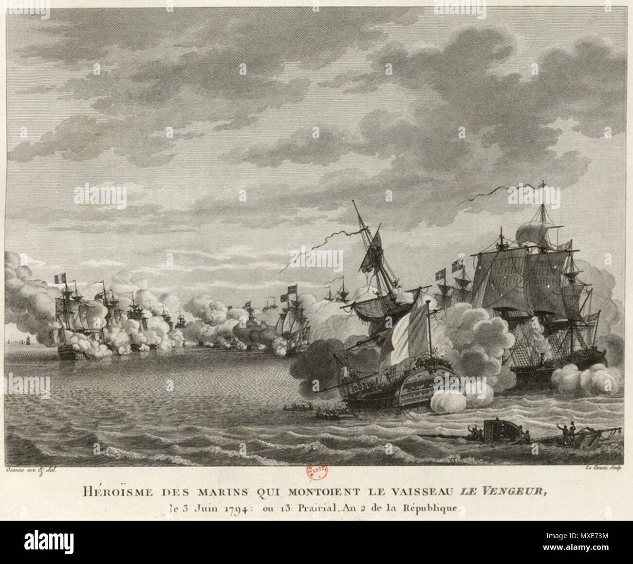 . English: The Battle of the Glorious First of June. Although a tactical British victory, Admiral Howe failed to achieve the broader strategic aim of intercepting a vital grain convoy bound for the famine-ridden French populace. circa 1800. Pierre Ozanne 462 Ozanne-Glorious First of June Stock Photo