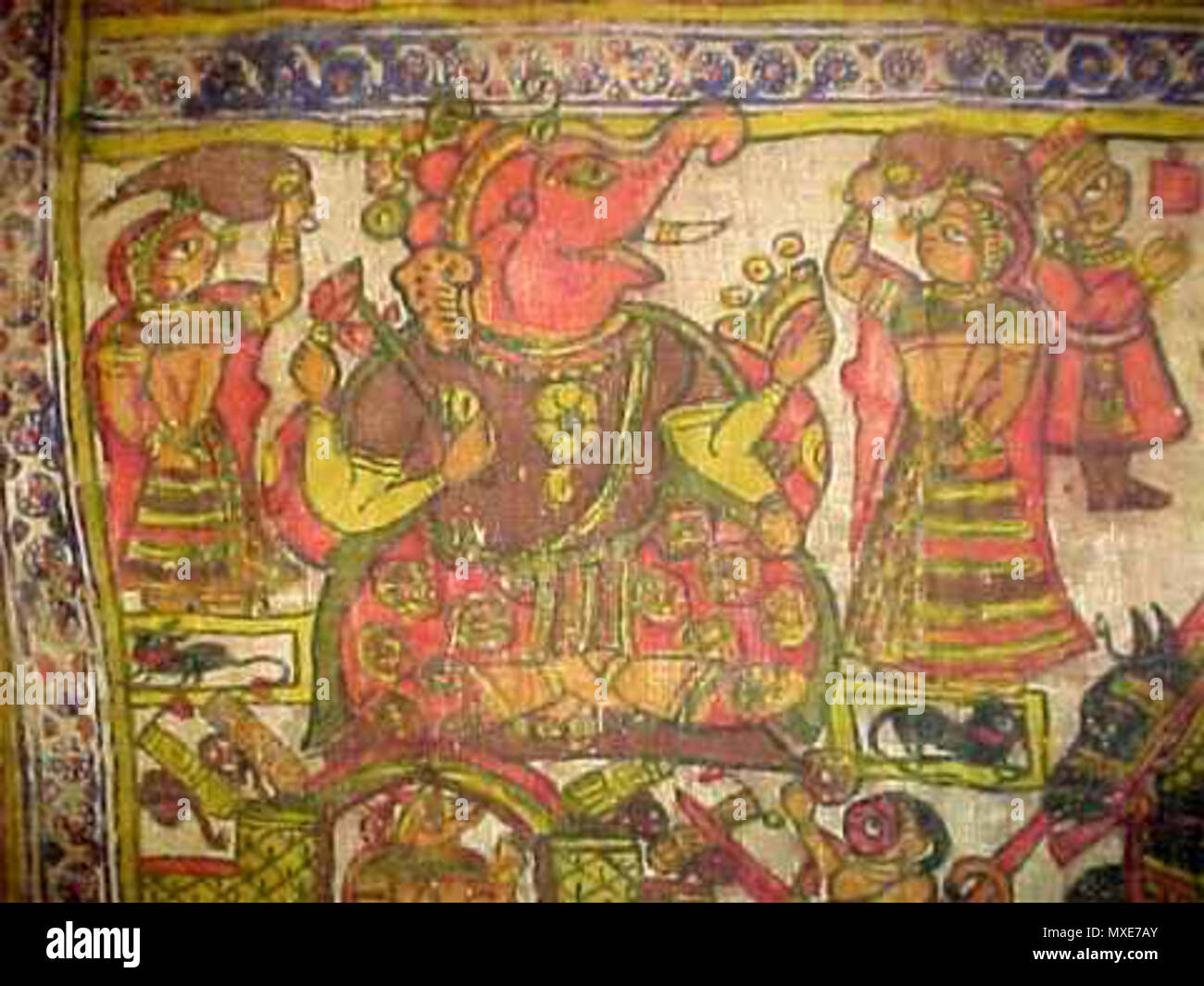 . English: A series of images of another par of Pabuji, this one from the early 19th century Source: ebay, April 2002 'This is an old (mid 1800s or earlier) Par. The painted textile is approximately 16 feet long and 55 1/2 inches wide. The story painting has been used to relay the story many times through the years and shows normal wear, especially on the bottom edge. There are some old repairs. The textile is made of two narrow pieces ( 26 3/4') sewen together. It appears to be an old linen-type material.' . early 19th century. Unknown 462 Pabuji2h Stock Photo