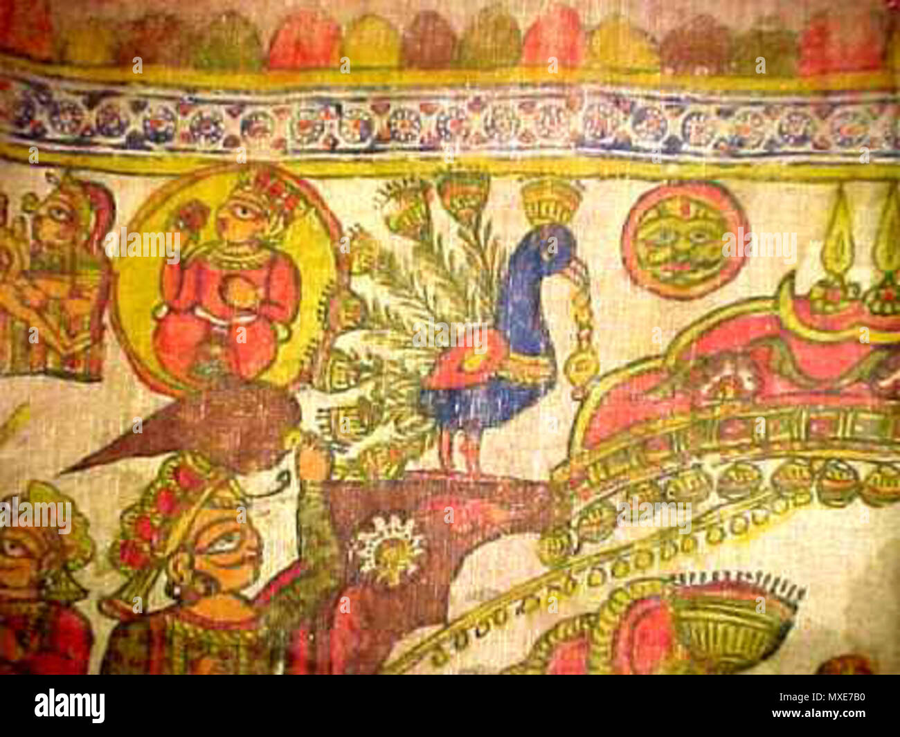 . English: A series of images of another par of Pabuji, this one from the early 19th century Source: ebay, April 2002 'This is an old (mid 1800s or earlier) Par. The painted textile is approximately 16 feet long and 55 1/2 inches wide. The story painting has been used to relay the story many times through the years and shows normal wear, especially on the bottom edge. There are some old repairs. The textile is made of two narrow pieces ( 26 3/4') sewen together. It appears to be an old linen-type material.' . early 19th century. Unknown 462 Pabuji2i Stock Photo