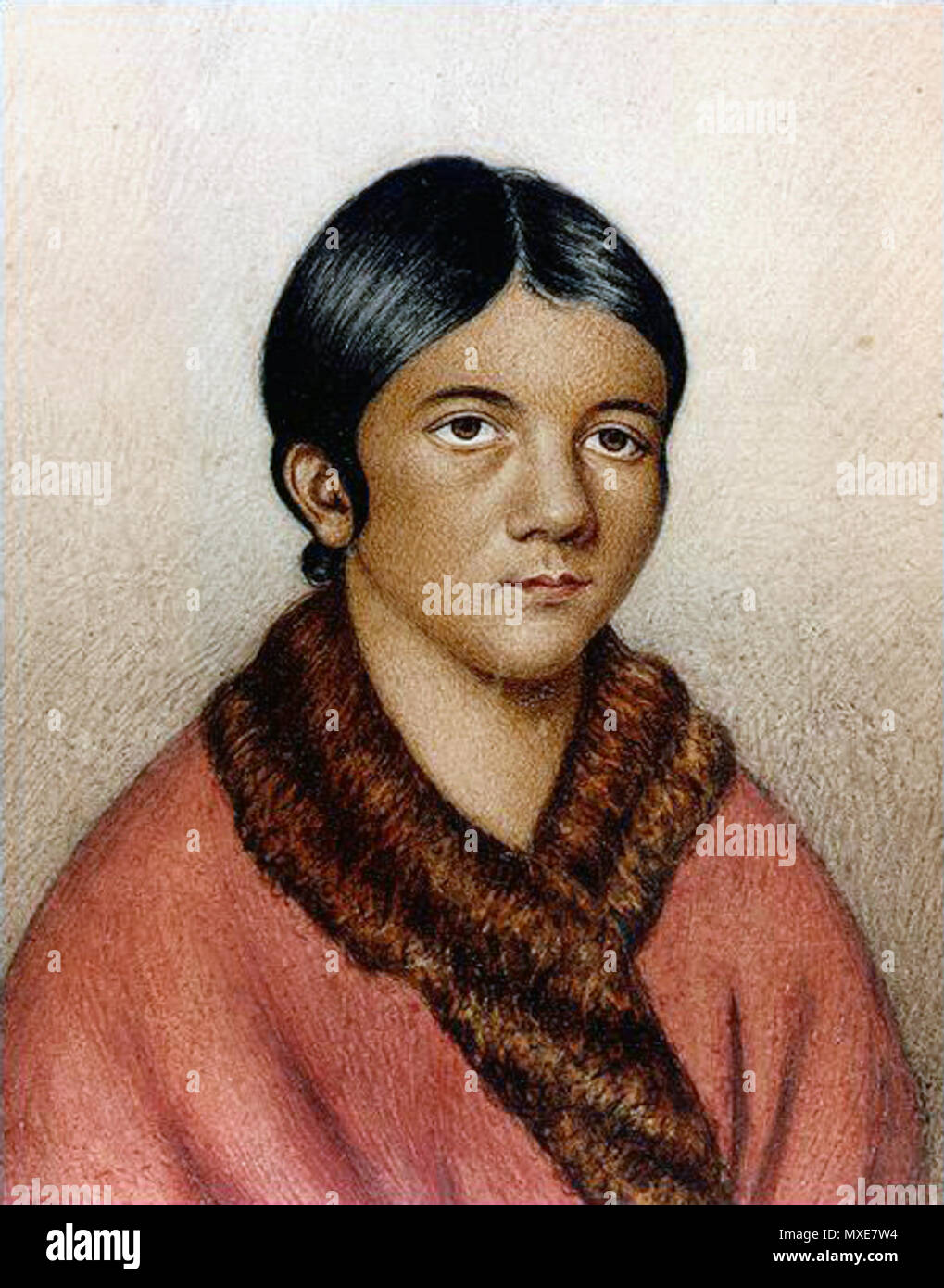 . English: A miniature portrait titled 'A female Red Indian of Newfoundland' which some sources date to 1841. It is believed to be a portrait of Shanawdithit, a Beothuk woman. Most likely a painted copy of Portrait of Demasduit (Mary March), by Lady Henrietta Hamilton (1819, see File:Demasduit.jpg). Although sometimes attributed to William Gosse, the painter was more likely naturalist Philip Henry Gosse (see also Mullen, Gary R., 'Philip Henry Gosse,' Encyclopedia of Alabama, 26 August 2008, retrieved 9 September 2011) . circa 1841. William Gosse more likely Philip Henry Gosse 555 Shanawdithit Stock Photo