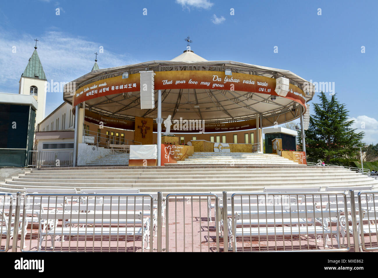 The outdoor altar to the Saint James church in Međugorje (or Medjugorje), Federation of Bosnia and Herzegovina. Stock Photo