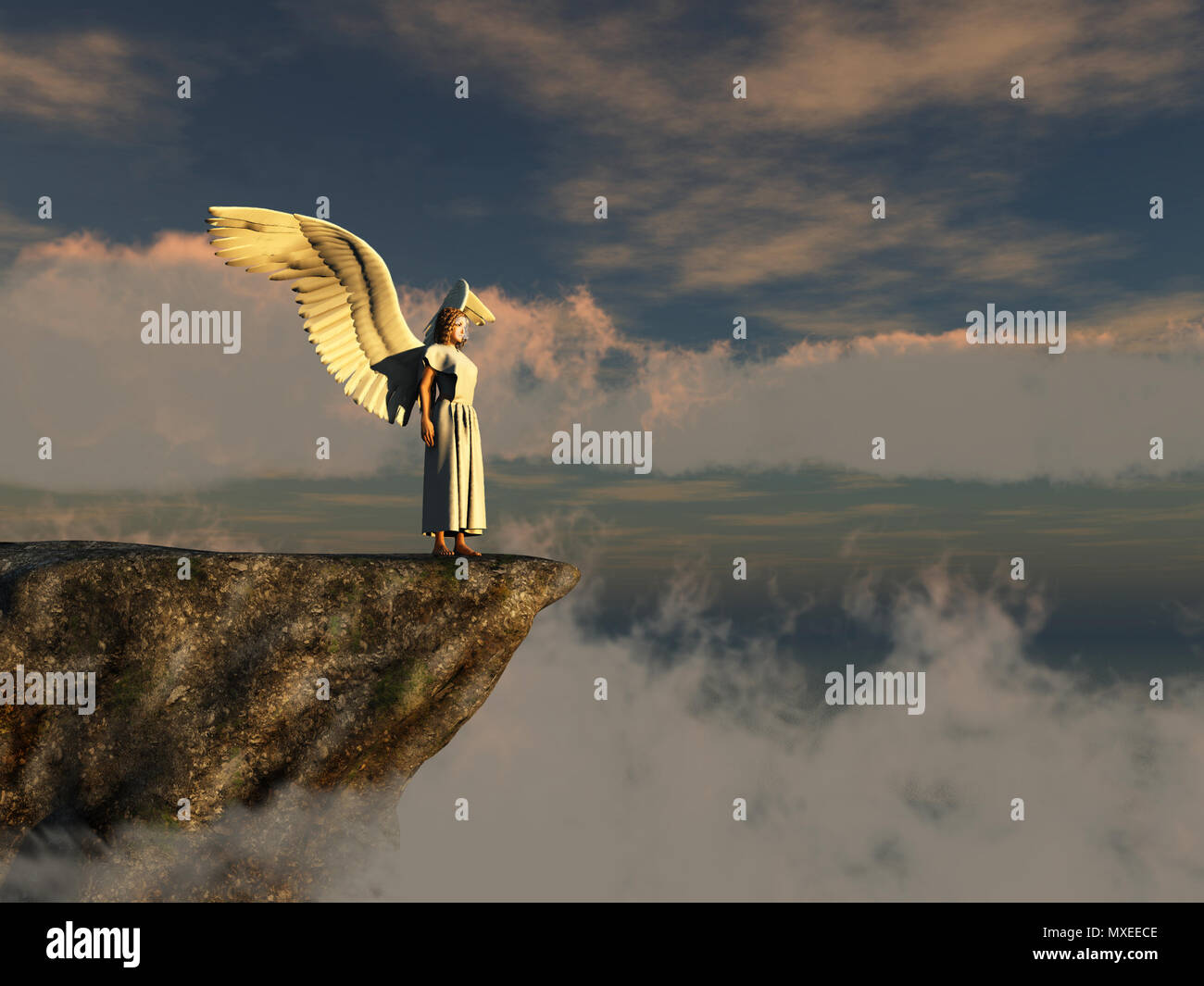Winged woman on the edge of a cliff Stock Photo