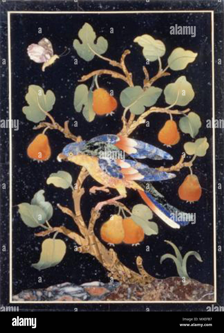 . Panel with a Parrot on a Pear Tree, The XVIIth century. Workshops of the Grand Duke of Tuscany. Florence, Museo dell'Opificio delle Pietre Dure. Mosaic . XVIIth century.. Workshops of the Grand Duke of Tuscany. 466 Panel with a Parrot on a Pear Tree (pietre dure, 17 c.) Stock Photo