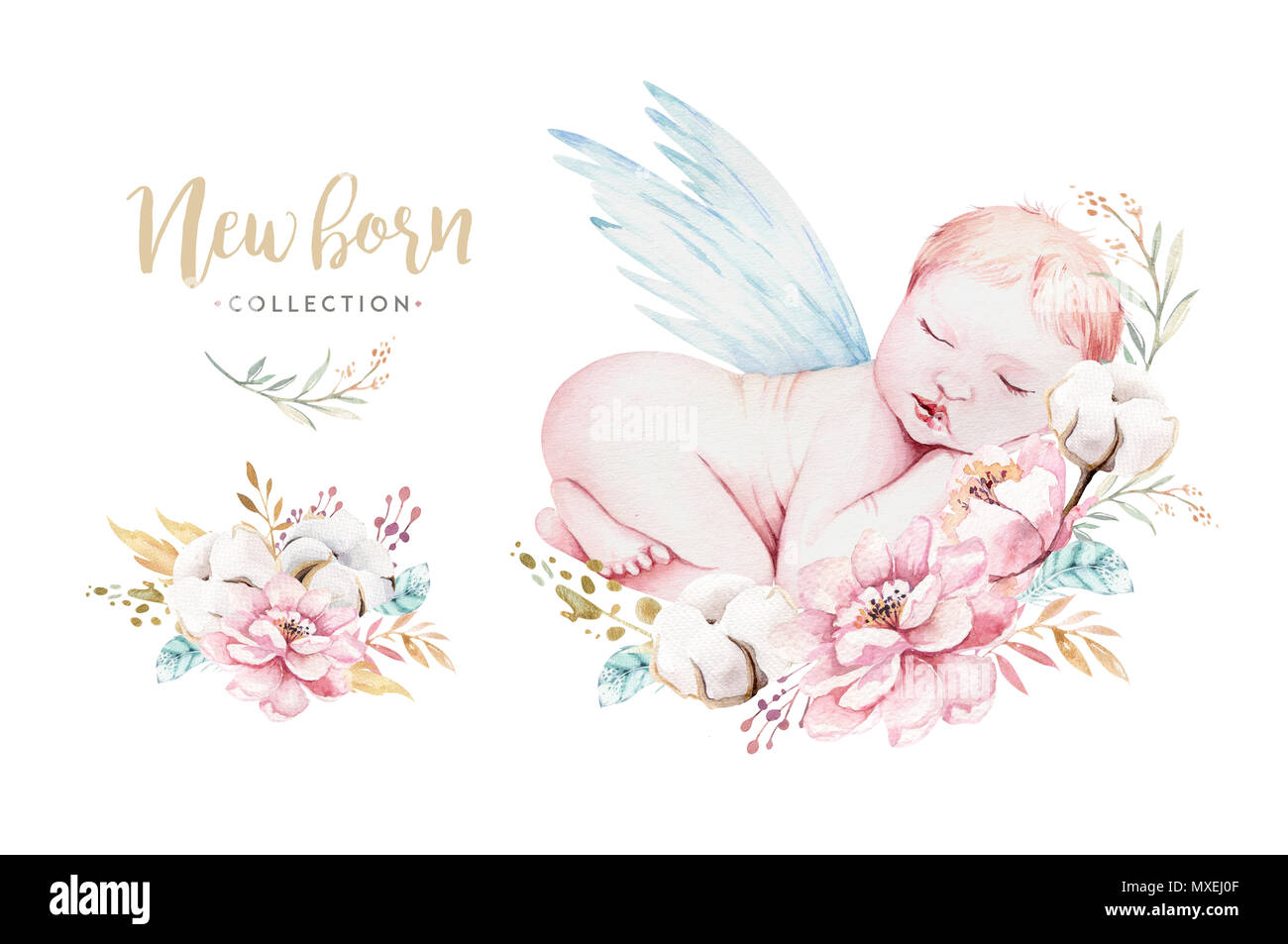 Cute newborn watercolor baby. New born child illustration girl, boy