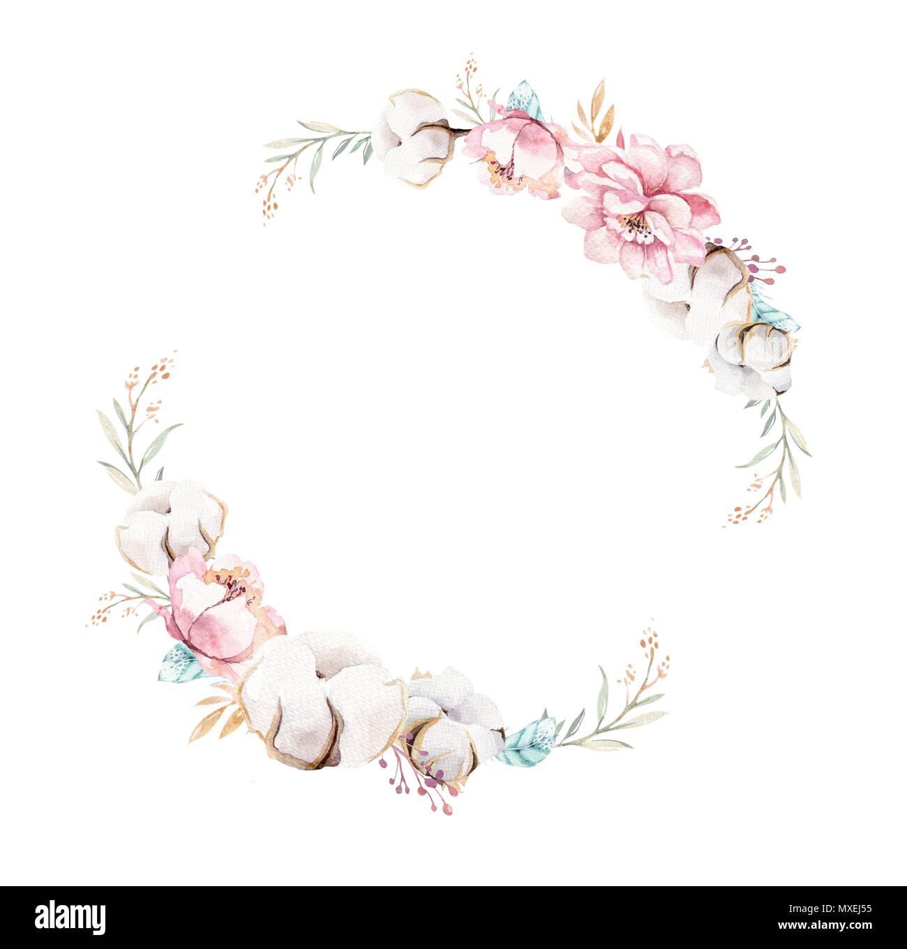 Watercolor boho floral wreath. Bohemian natural frame: leaves, feathers, flowers, Isolated on white background. Artistic decoration illustration. Save Stock Photo