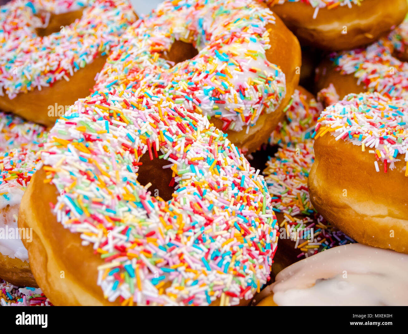 super size Iced donuts with sprinkles Stock Photo