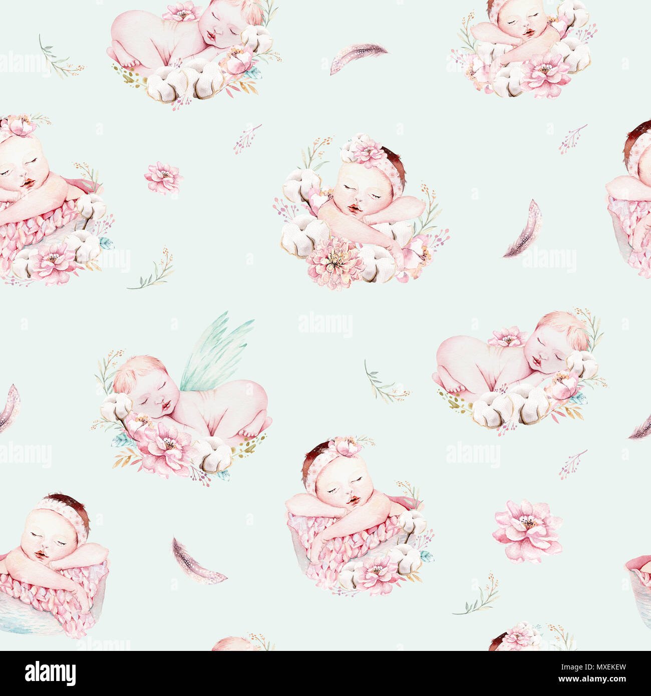 Cute newborn watercolor baby pattern. New born sleeping child ...