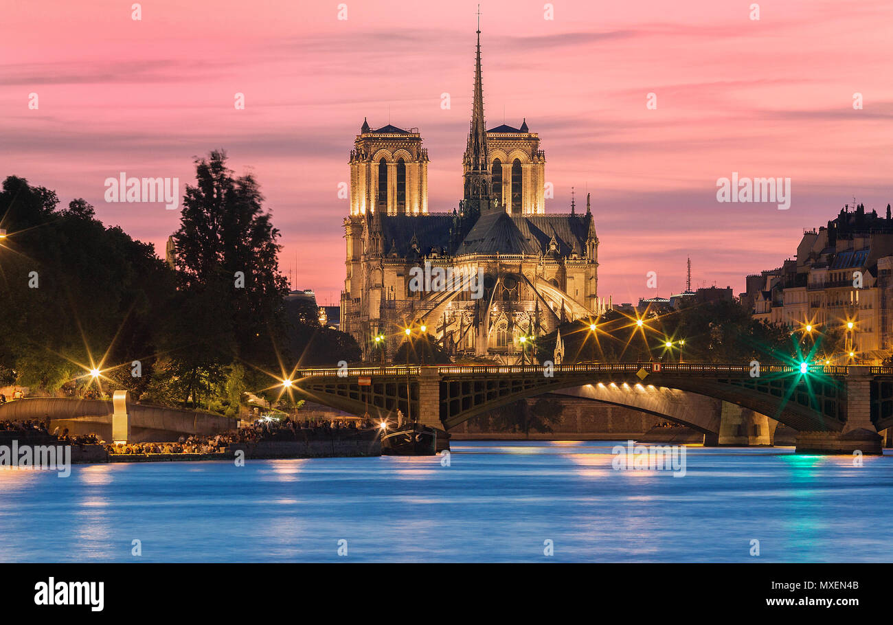 The Notre Dame Cathedral At Sunset Paris France Stock