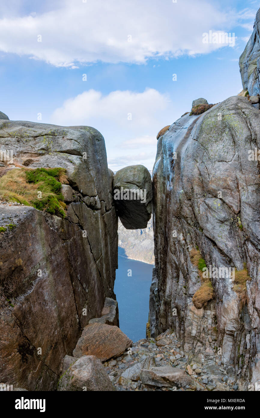 Kjerag rock bolten deep canyon Lysefjord Stock Photo