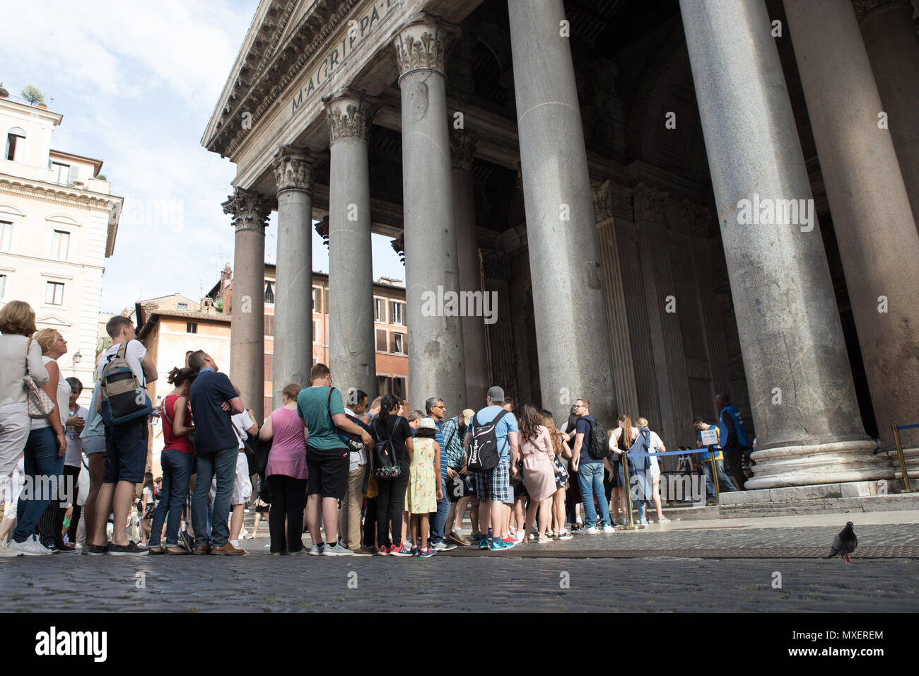 Rome Pantheon, Piazza della Rotonda tourists on row to the entrance,  visiting Rome Stock Photo