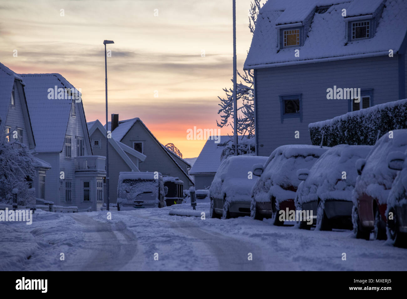 Stavanger Norway snow covered cars sunrise Stock Photo Alamy