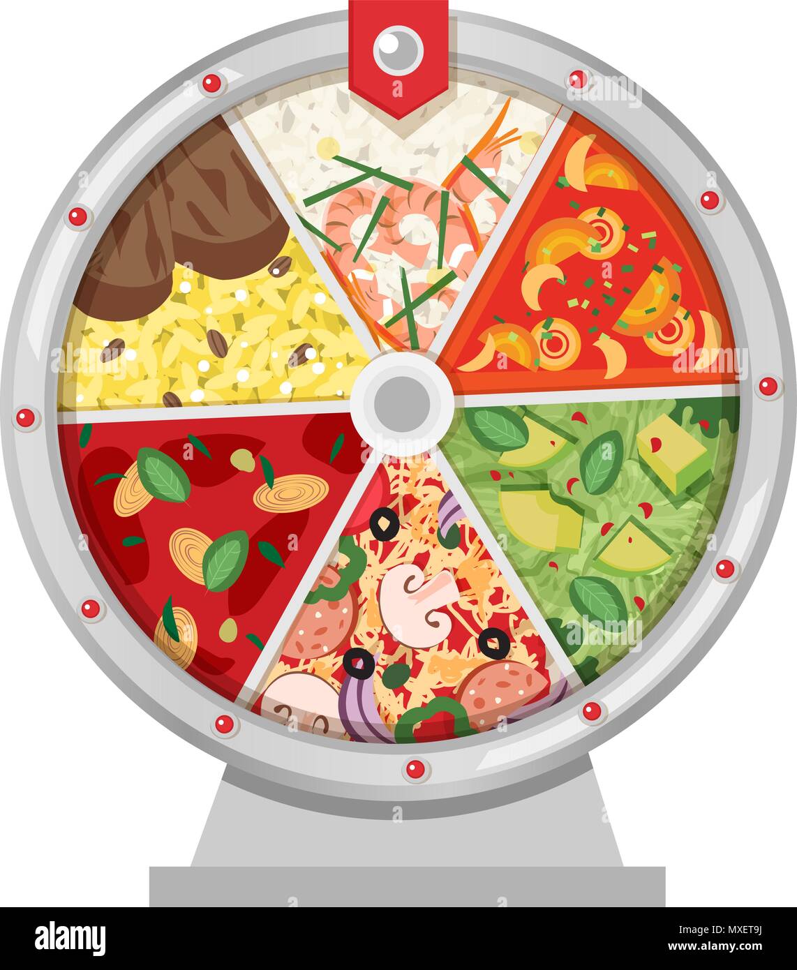 Vector illustration of concept of choosing the recipe or meal with fortune wheel. Different kind food or plates. Flat syle. Stock Vector