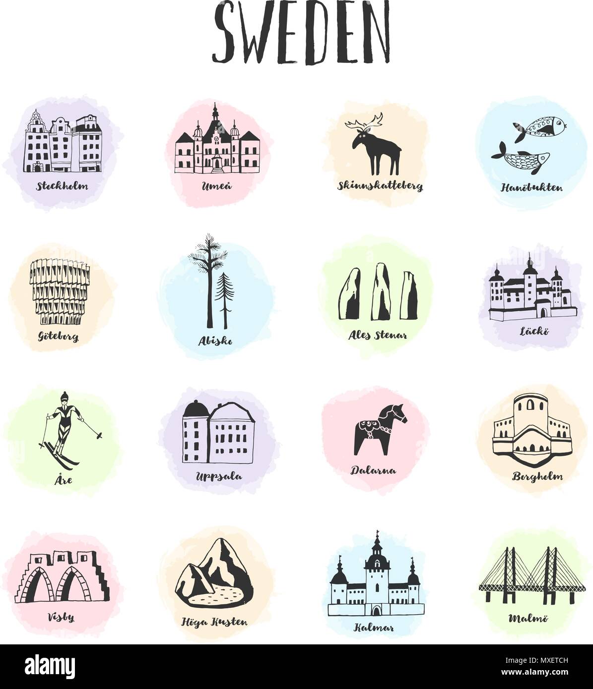 Vector hand drawn set of sights, activities and landmarks of Sweden. Famous places to visit. What to do and see. Stock Vector
