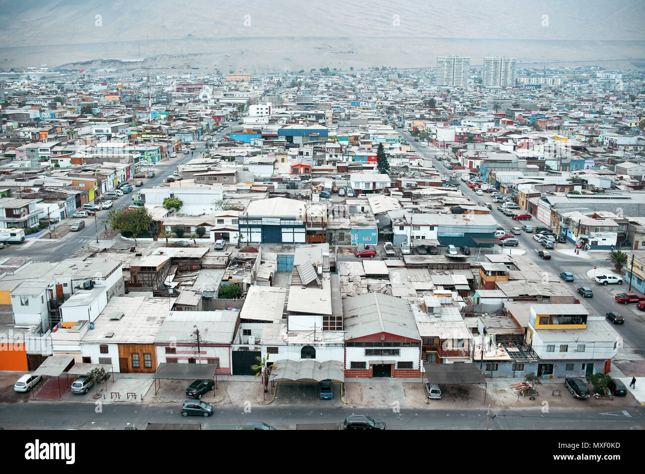 Bird's-eye view of Iquique town shot from the 16th floor of Edificio Urbano Oriente, one of the high rise modern tower block in town. Chile Stock Photo