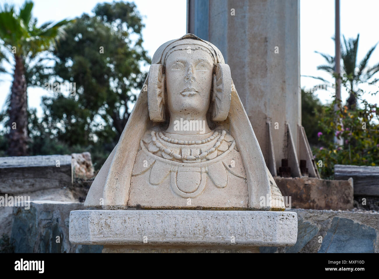 Lady of Guardamar is limestone female bust dated circa 400 BC discovered in Phoenician archaeological site Cabezo Lucero in Guardamar del Segura. Copy Stock Photo
