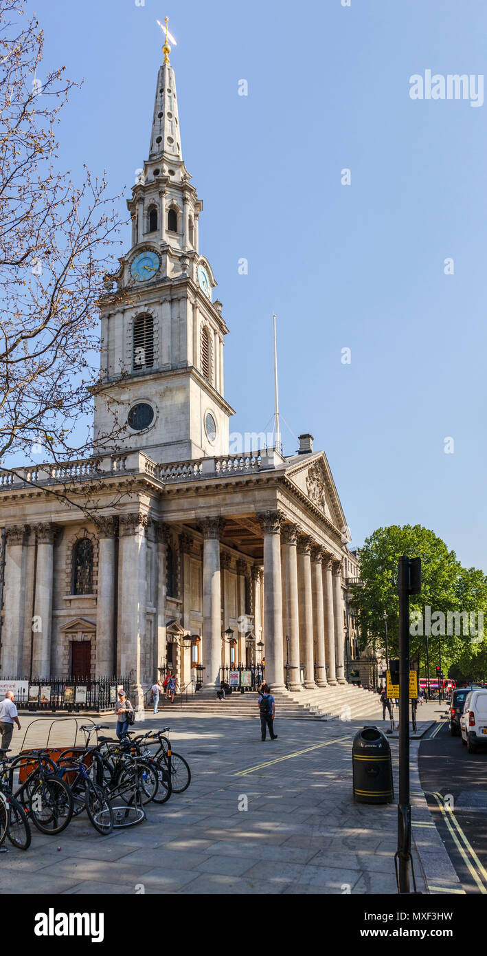 Exterior of St Martin in the Fields church on the corner of Trafalgar Square in the West End of London, City of Westminster WC2 on a sunny spring day Stock Photo