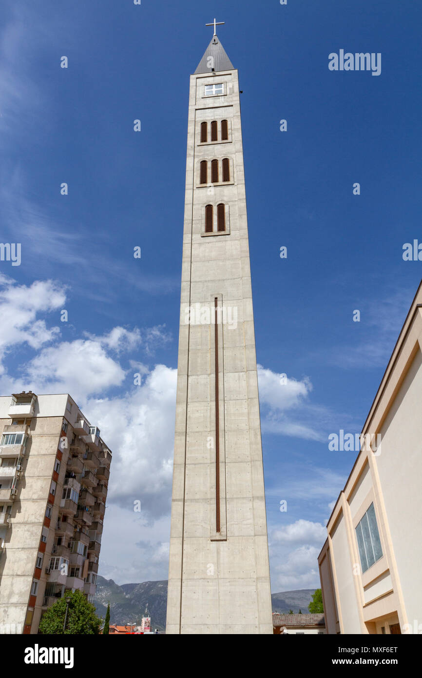 The Mostar Peace Bell Tower, (Mostarski Zvonik Mira), part of the Church of St. Peter & St. Paul in Mostar, the Federation of Bosnia and Herzegovina. Stock Photo