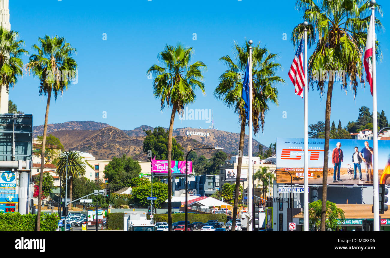 LOS ANGELES, CALIFORNIA - NOVEMBER 02, 2016: Hollywood sign seen from Hollywood boulevard Stock Photo