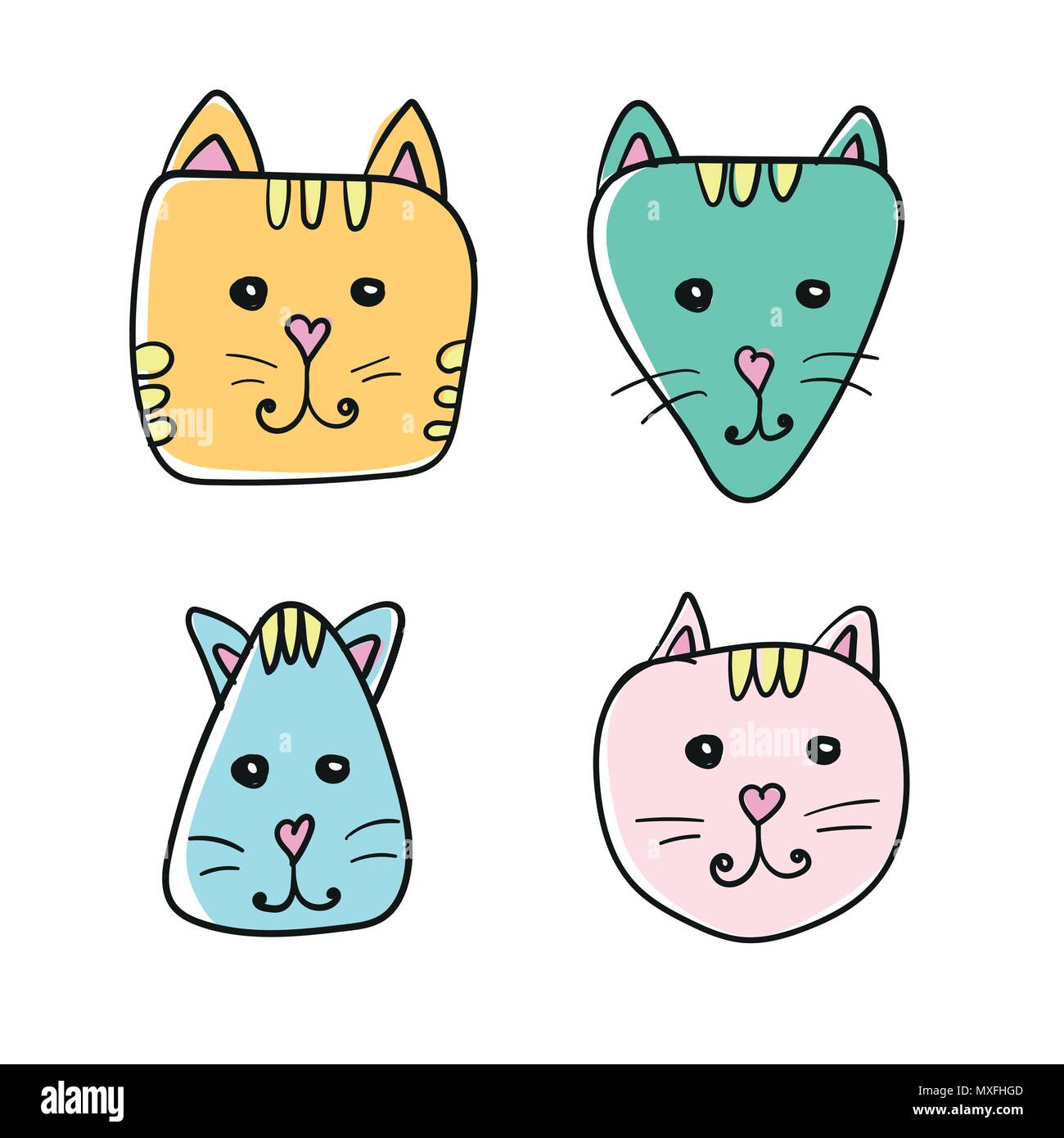 Simple, hand drawn cartoon cat face icon. Four color variations on white  Stock Vector Image & Art - Alamy