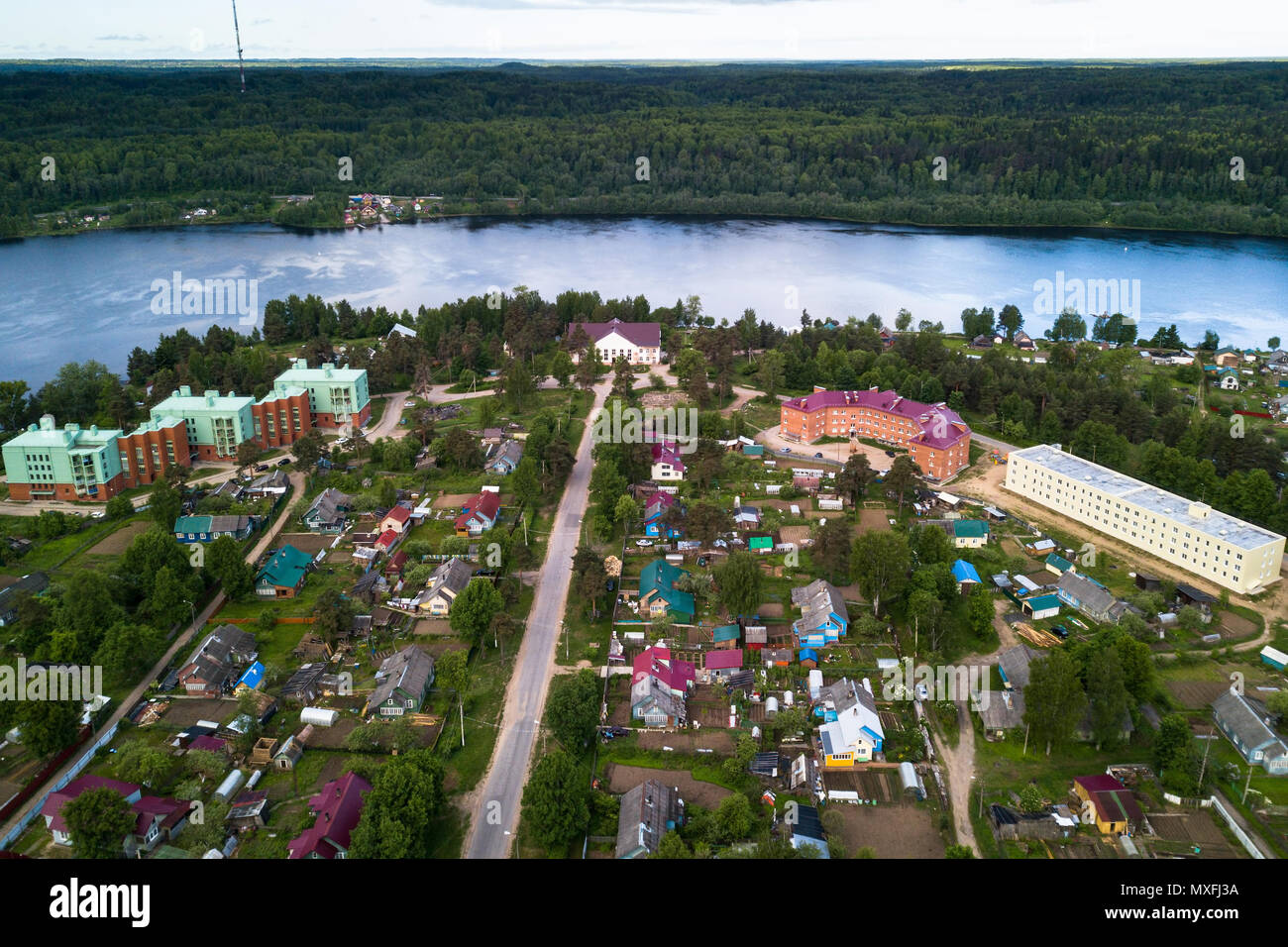 Aerial view of the Svir river and houses in urban-type settlement, Nikolskiy, Leningrad region, Russia. Stock Photo