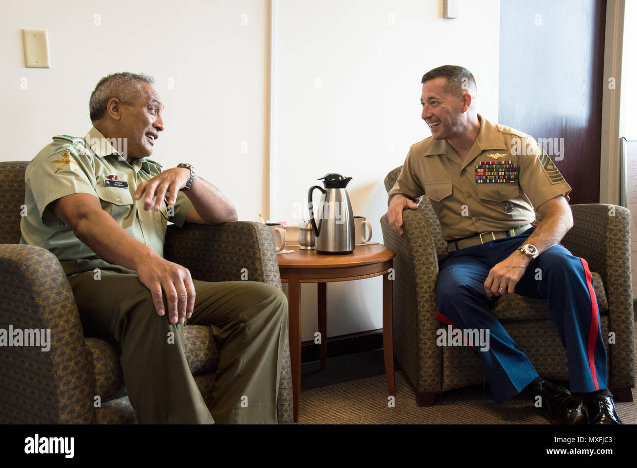 CAMP H.M. SMITH, Hawaii - New Zealand Warrant Officer of the Defence Force,  WO Class One Danny Broughton meets with Sgt. Maj. Anthony A. Spadaro,  United States Pacific Command Senior Enlisted Leader