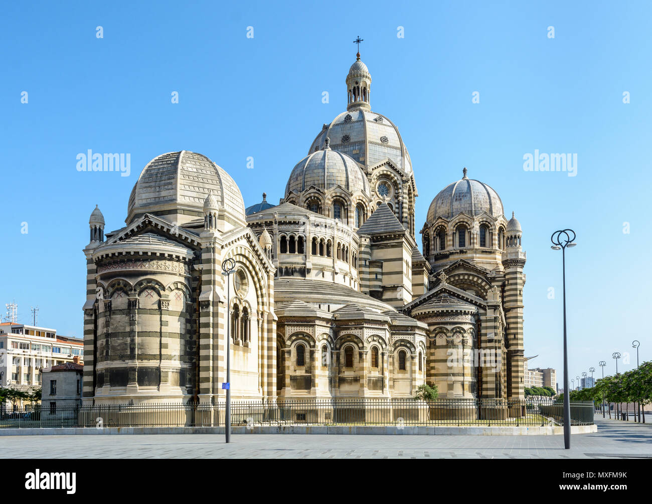 Rear view of the cathedral of Marseille, Sainte-Marie-Majeure also known as La Major, a neo-byzantine style building achieved in 1893 in La Joliette d Stock Photo