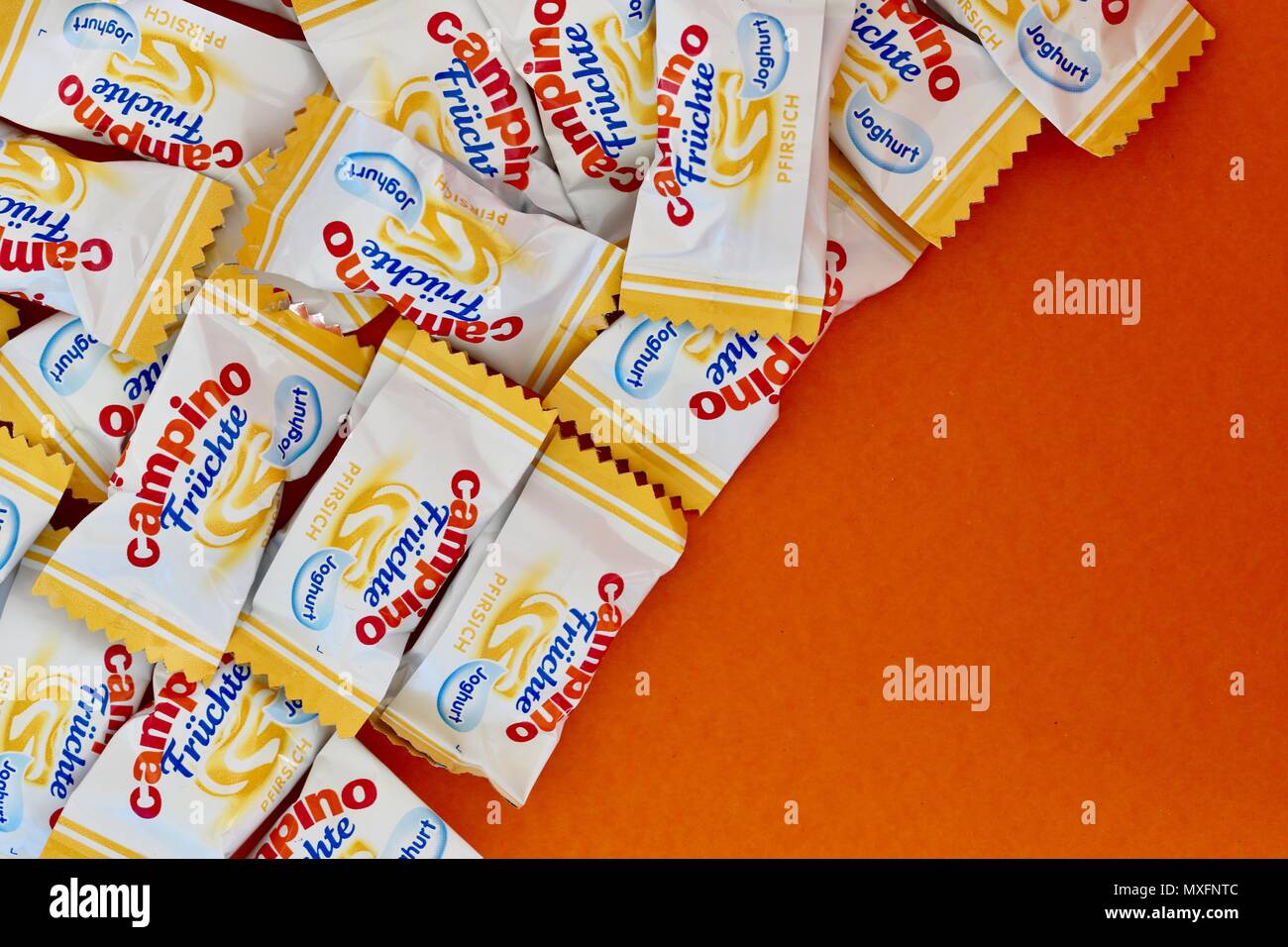 Campino boiled sweets, fruit and yogurt flavours, orange background ...