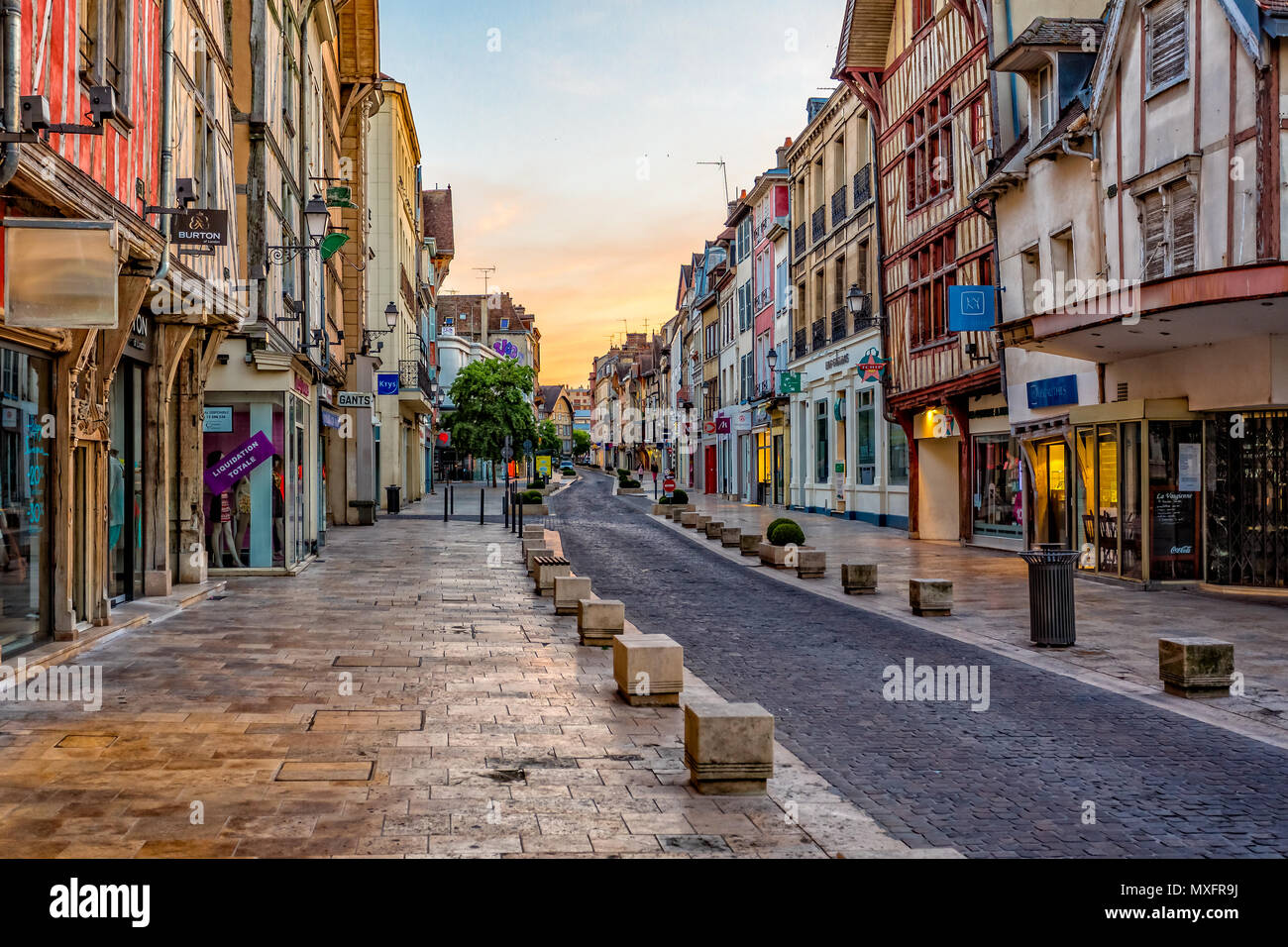 Medieval street taken at sunset  in Troyes, Aube, France on 7 June 2015 Stock Photo