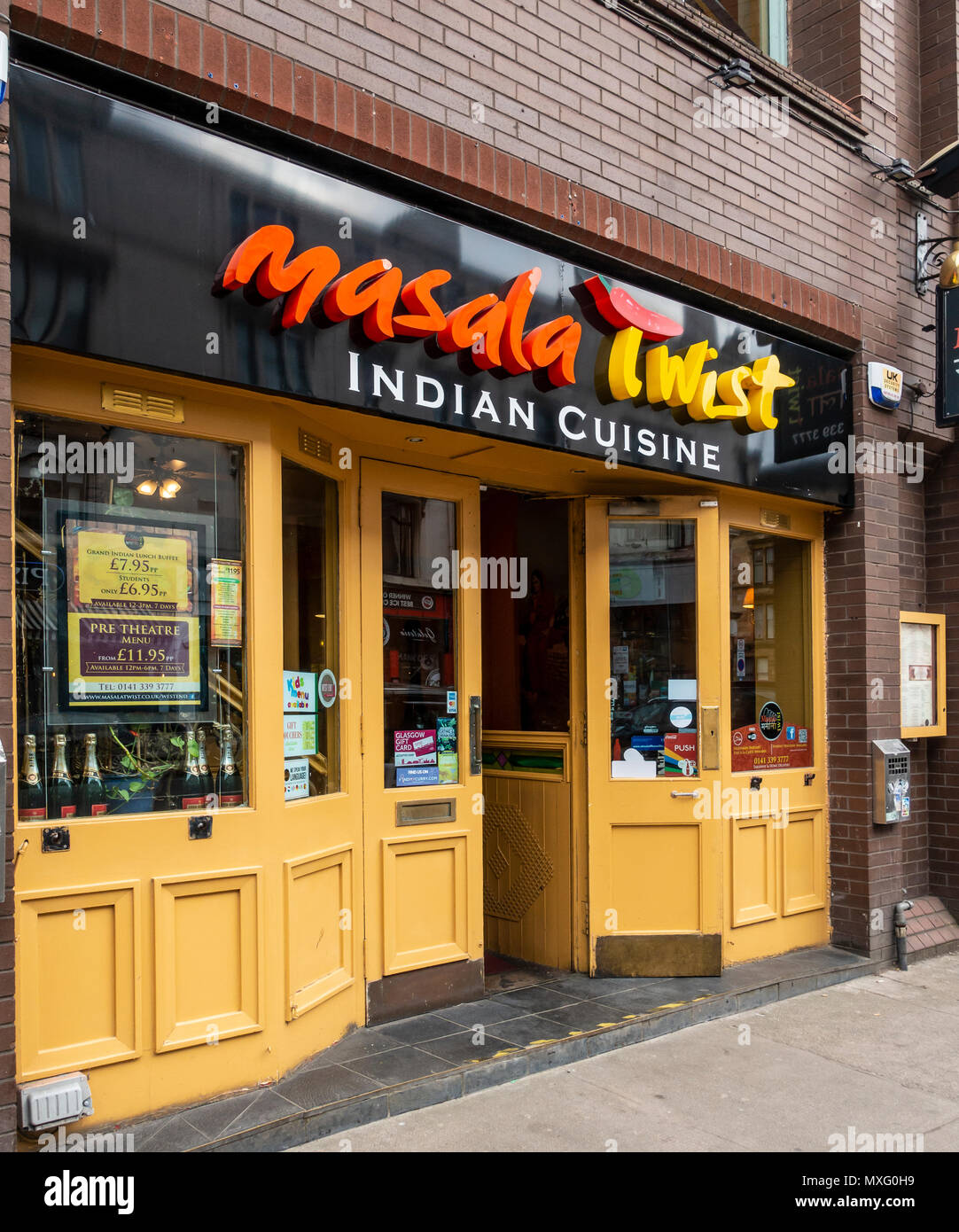 Masala Twist Indian restqaurant, main entrance and window, Byres Road, Hillhead, West End, Glasgow, Scotland, UK Stock Photo
