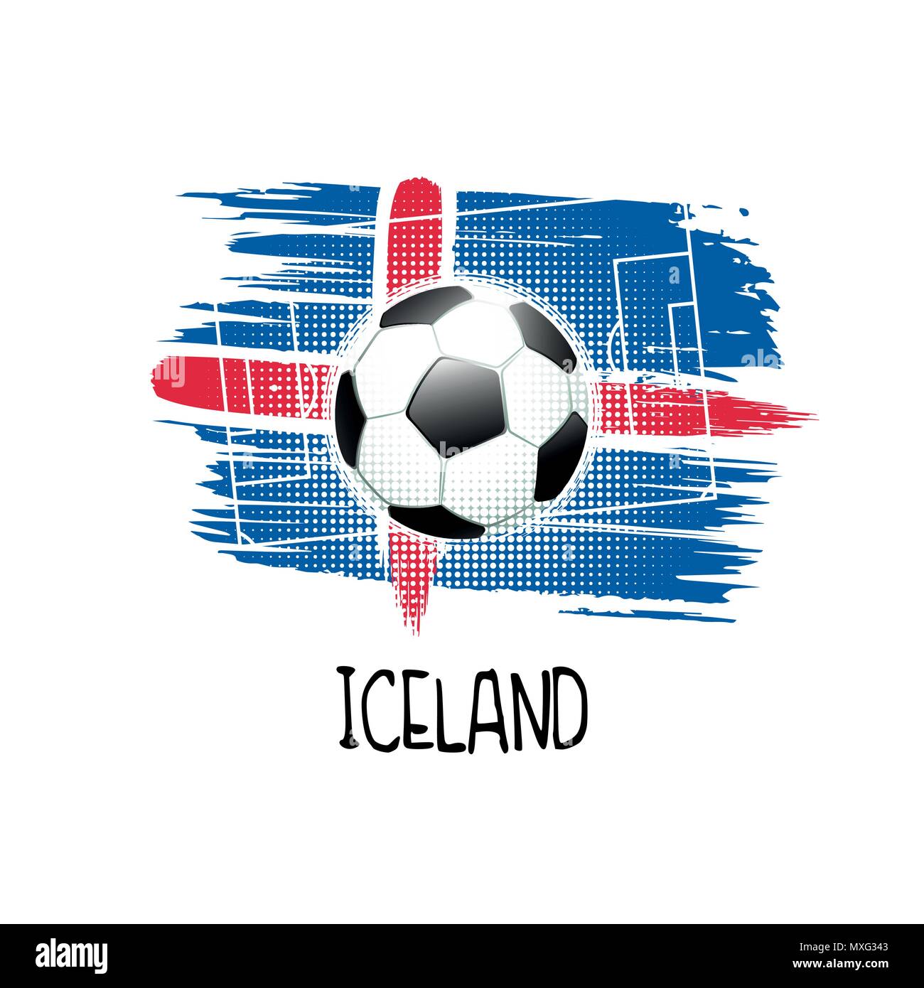Hand written word 'Iceland' with soccer ball, soccer field and abstract colors of the Icelandic flag. Vector illustration. Stock Vector