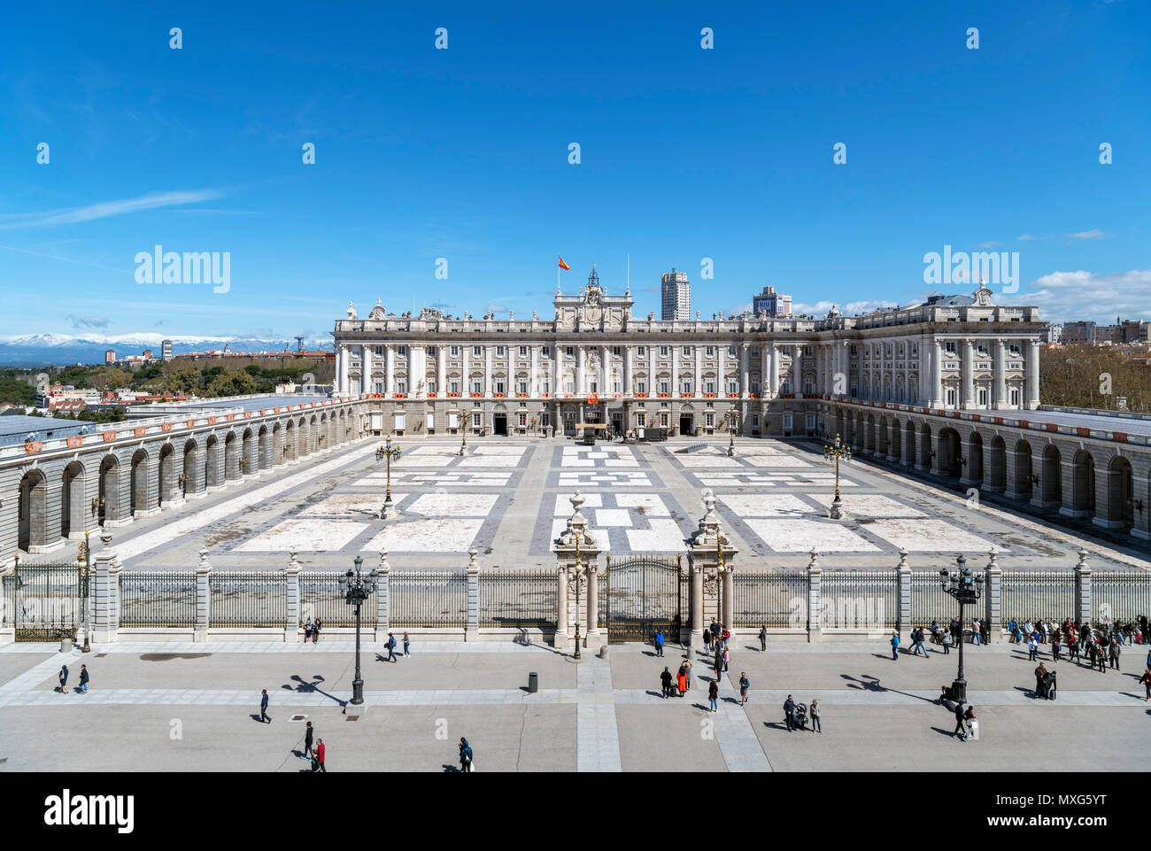 The Royal Palace ( Palacio Real ) and Plaza de la Armería from the Cathedral, Madrid, Spain. Stock Photo