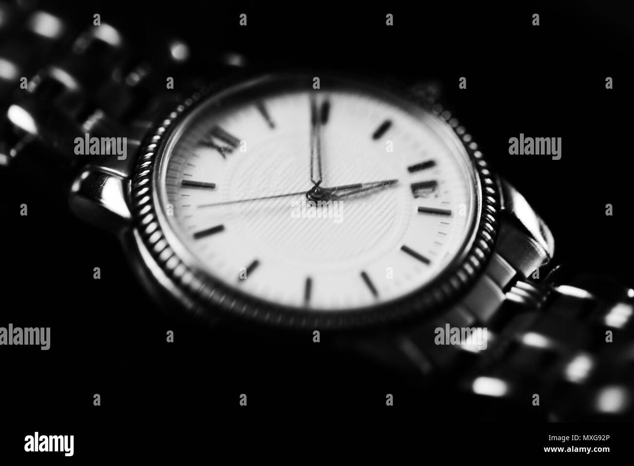 Old hand watch for man vintage style close up black and white Stock