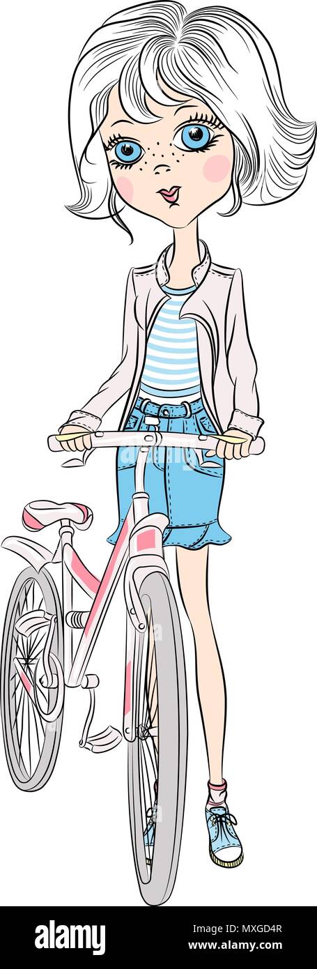 Vector cute girl with bicycle Stock Vector