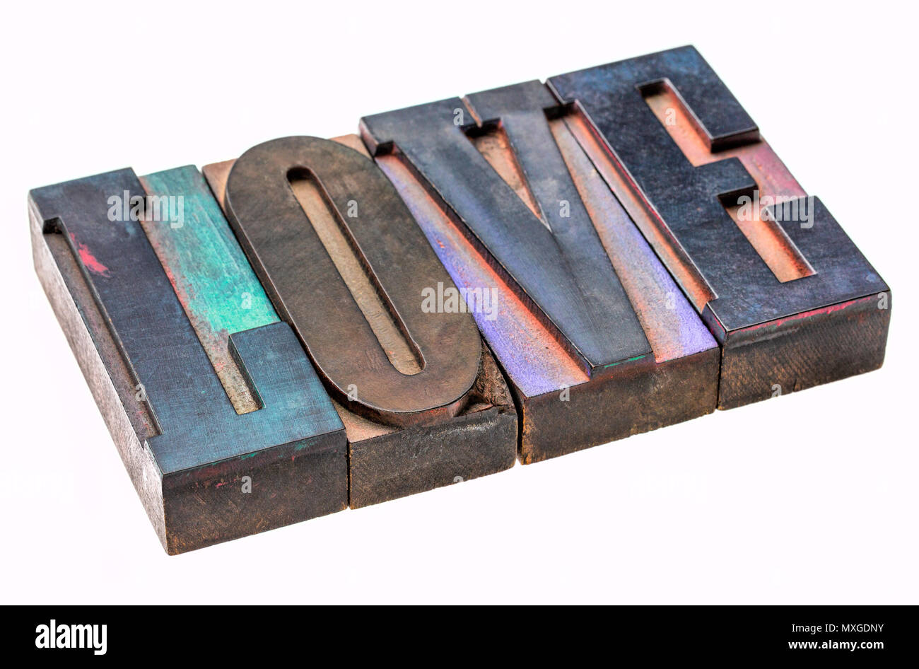 love  - isolated word abstract in vintage wooden letterpress type blocks, stained by color ink Stock Photo