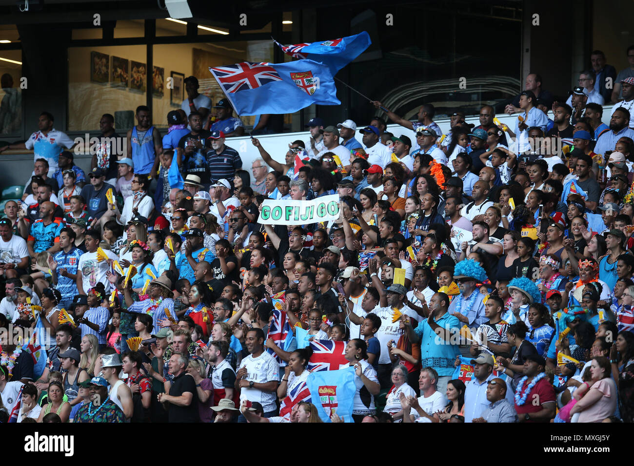 Twickenham, London, UK. 3rd Jun, 2018. Fiji rugby fans. HSBC World rugby sevens series 2018 , London, Twickenham Stadium , day 2 on Sunday 3rd June 2018.  this image may only be used for Editorial purposes. Editorial use only,  pic by Andrew Orchard//Andrew Orchard sports photography/Alamy Live news Stock Photo