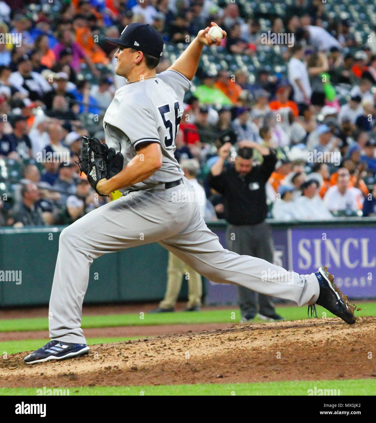 June 2, 2018 - New York Yankees relief pitcher Jonathan Holder (56) during the New York Yankees vs Baltimore Orioles game at Oriole Park at Camden Yards in Baltimore, Md. New York beat Baltimore 8-5. Jen Hadsell/CSM Stock Photo