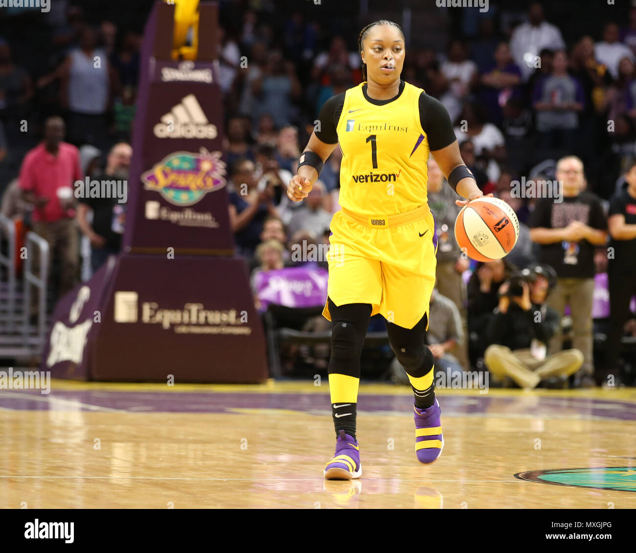 Los Angeles Sparks guard Odyssey Sims 1 coming up the court during the