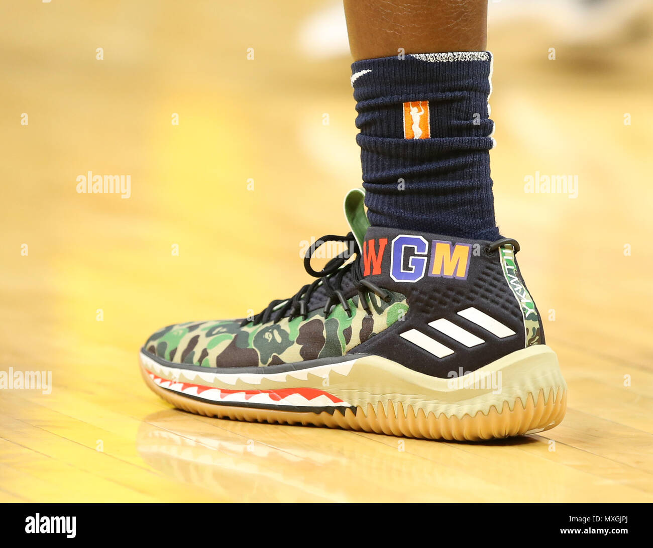 Minnesota Lynx guard Alexis Jones #12 WGM Adidas shoes for the Minnesota  Lynx vs Los Angeles Sparks game at Staples Center in Los Angeles, Ca on  June 3, 2018. (Photo by Jevone