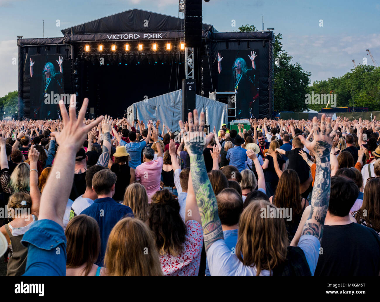 Crowd raise their hands, while Patti Smith plays at the All Points East music festival, 3rd June 2018, Victoria Park, London, England, UK Stock Photo