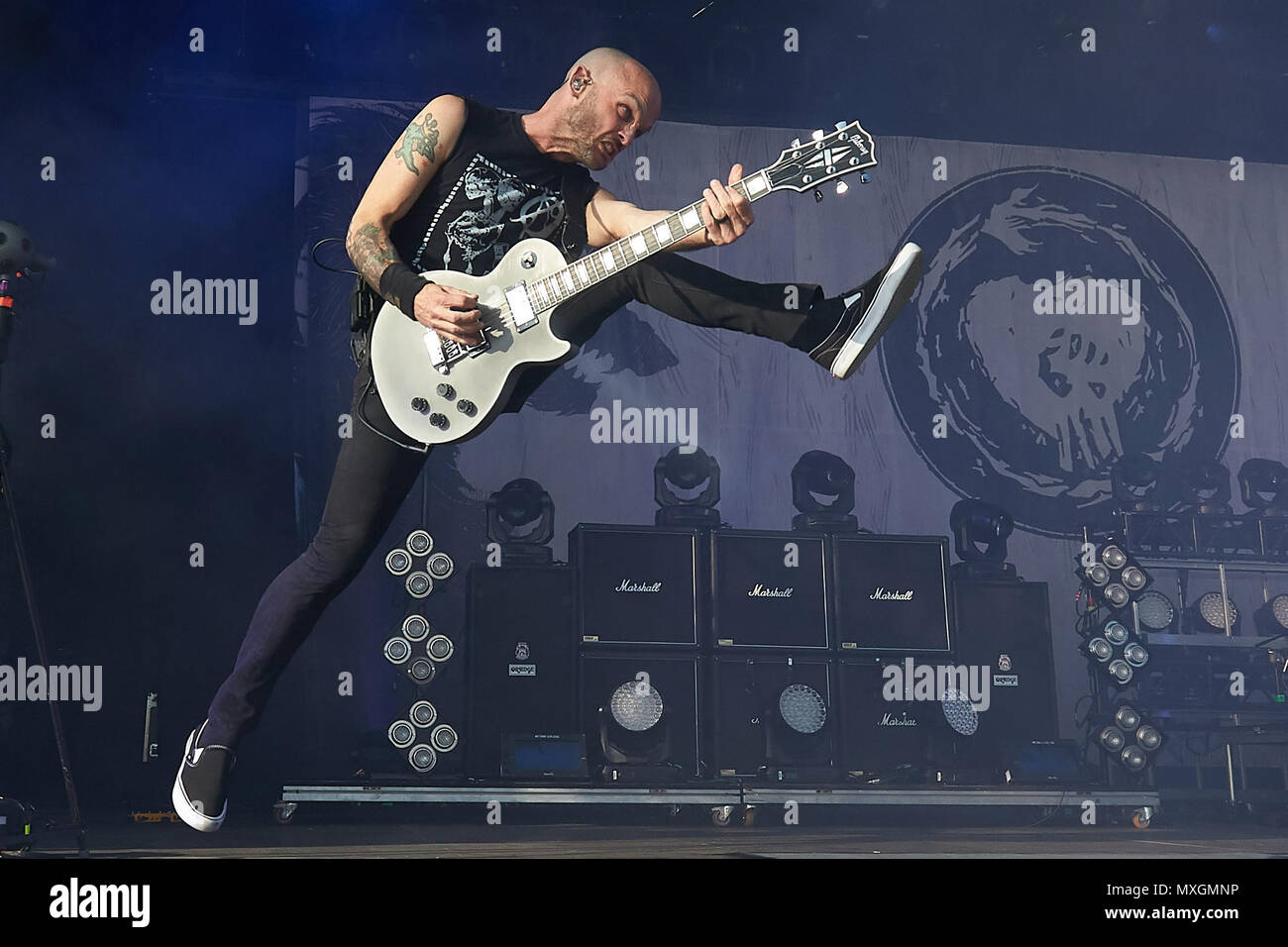 03 June 2018, Germany, Nuerburg: Guitarist Zach Blair from the US punk band  'Rise Against' performing on the main stage at the music festival 'Rock am  Ring'. Around 80 bands are performing