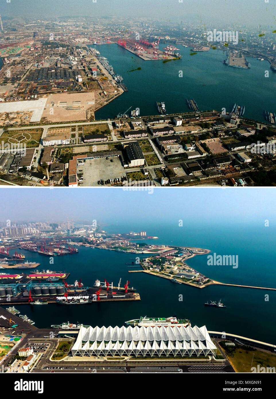 180604) -- QINGDAO, June 4, 2018 (Xinhua) -- Combined photos show aerial  views of Qingdao Port in Qingdao, east China's Shandong Province, taken  respectively in 1996 (upper) and on May 7, 2018.